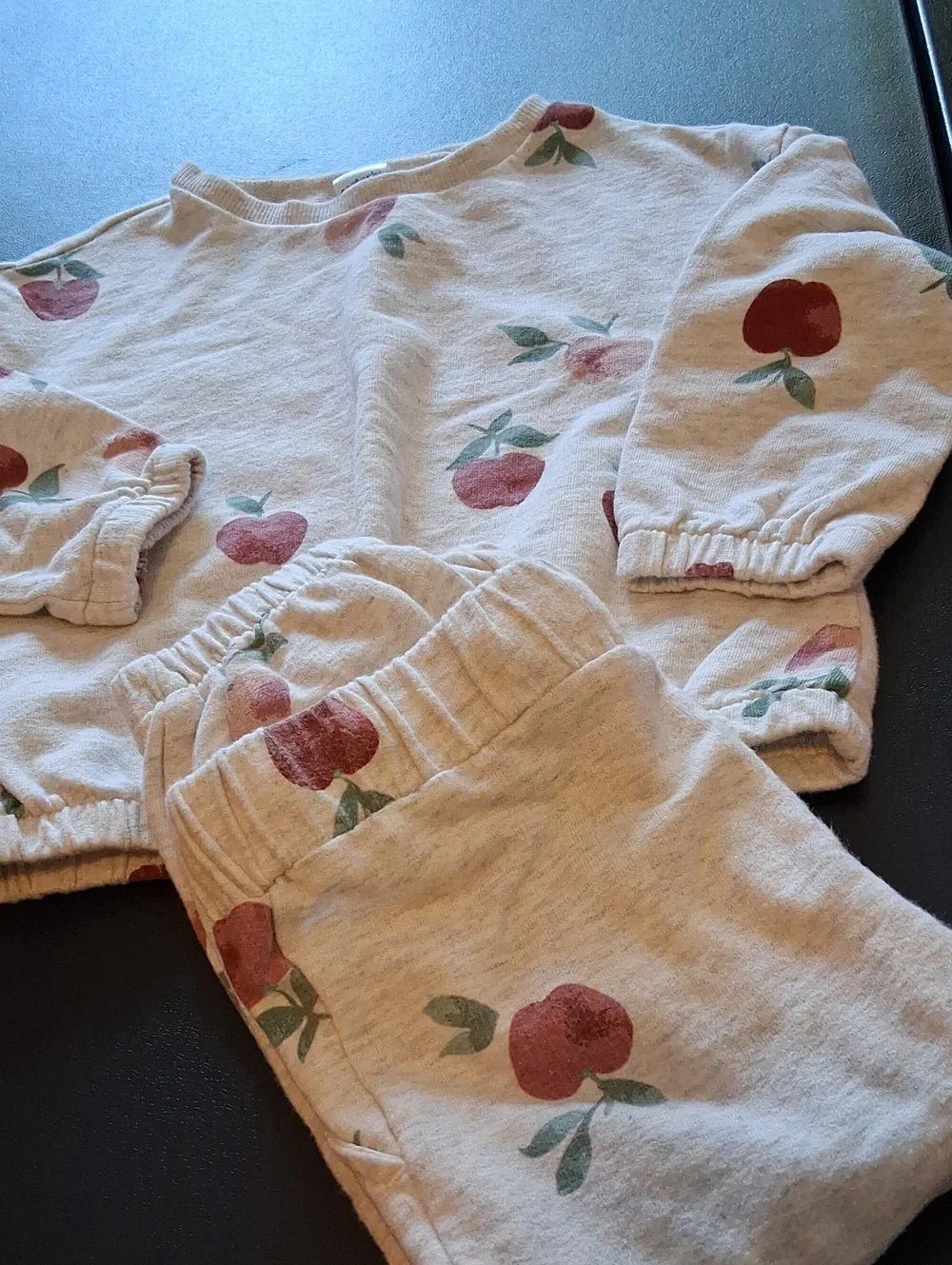 Beige Kids Sweat Set with Red Apple Print Top/Bottoms